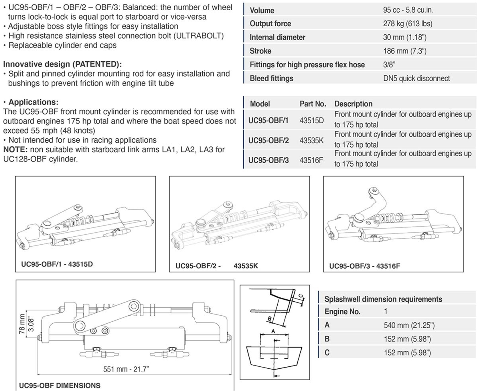 UC95OBF-3 43516F Front Mount Hydraulic Boat Steering Cylinder